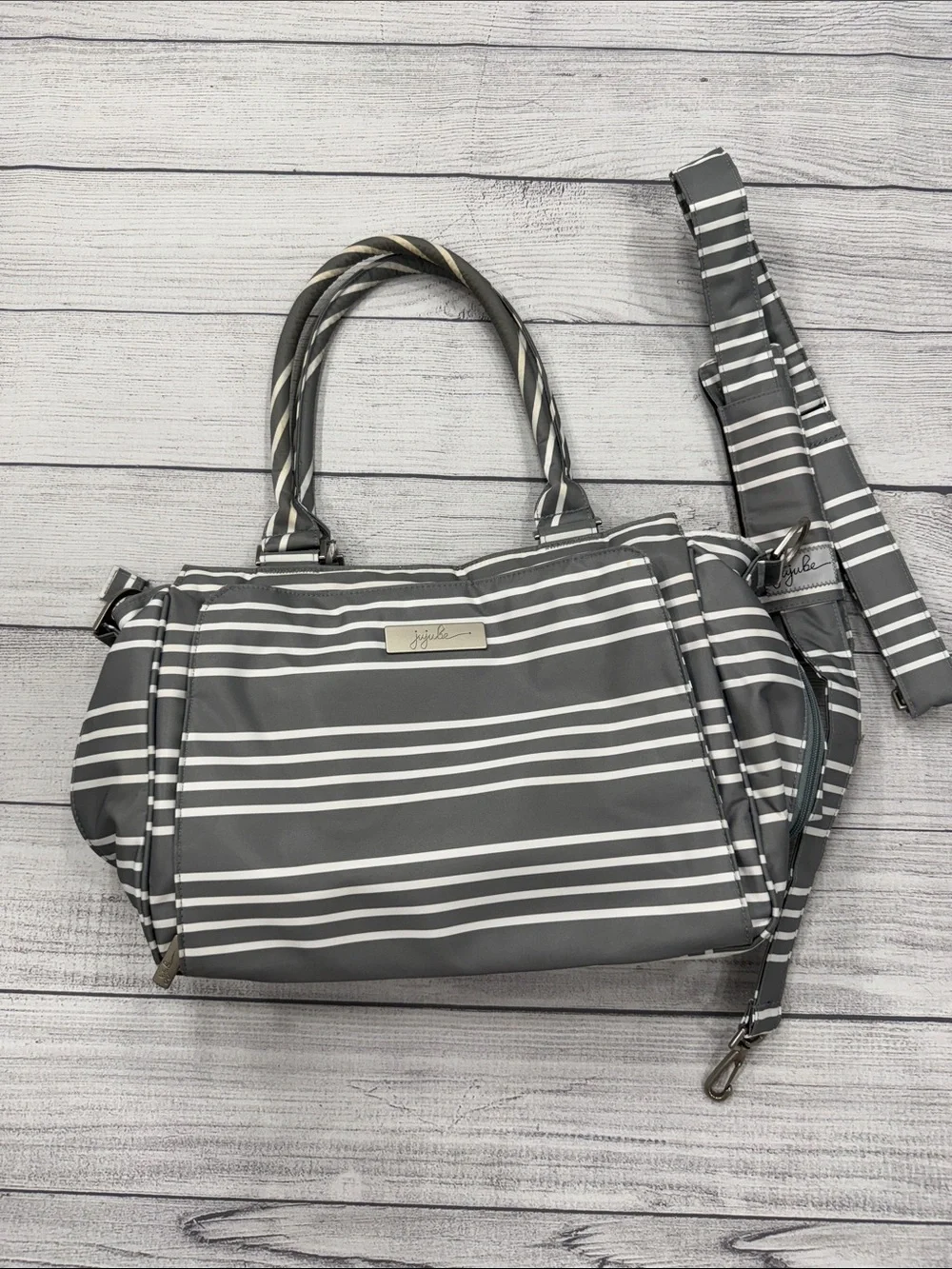 Ju-Ju-Be Gray White Striped Convertible Diaper Bag with Shoulder Strap